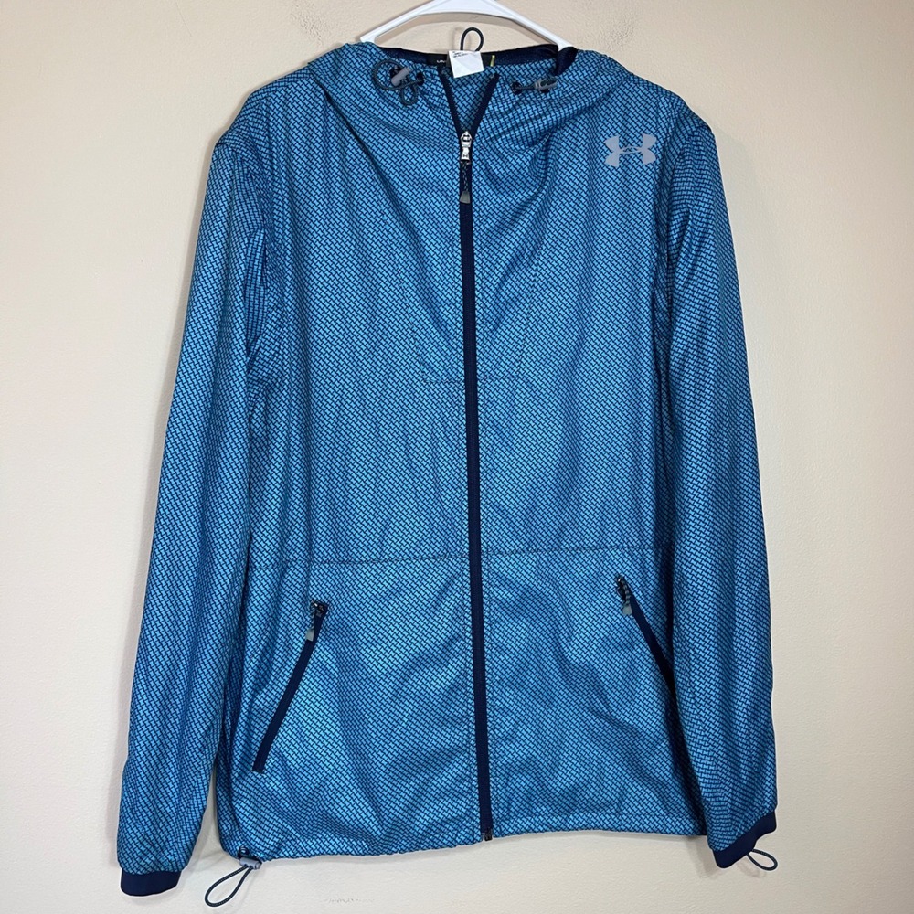 Under Armour Mens‎ Blue Geometric 1/4 Zip Hooded Windbreaker Jacket M Fitted